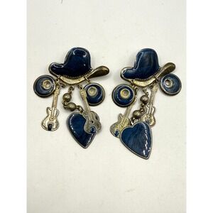 Vintage US Novelty Charms Wild West Cowboy Boot Horseshoe Hat Earrings 3" Dangle